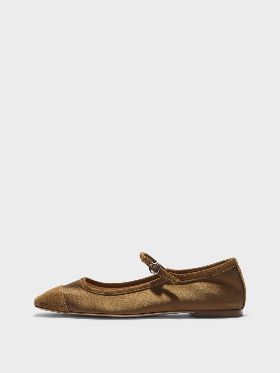 Aeyde | Uma Leather Flats for Women | Tobacco Satin/Suede | Square Toe | Flat Heel | Side View