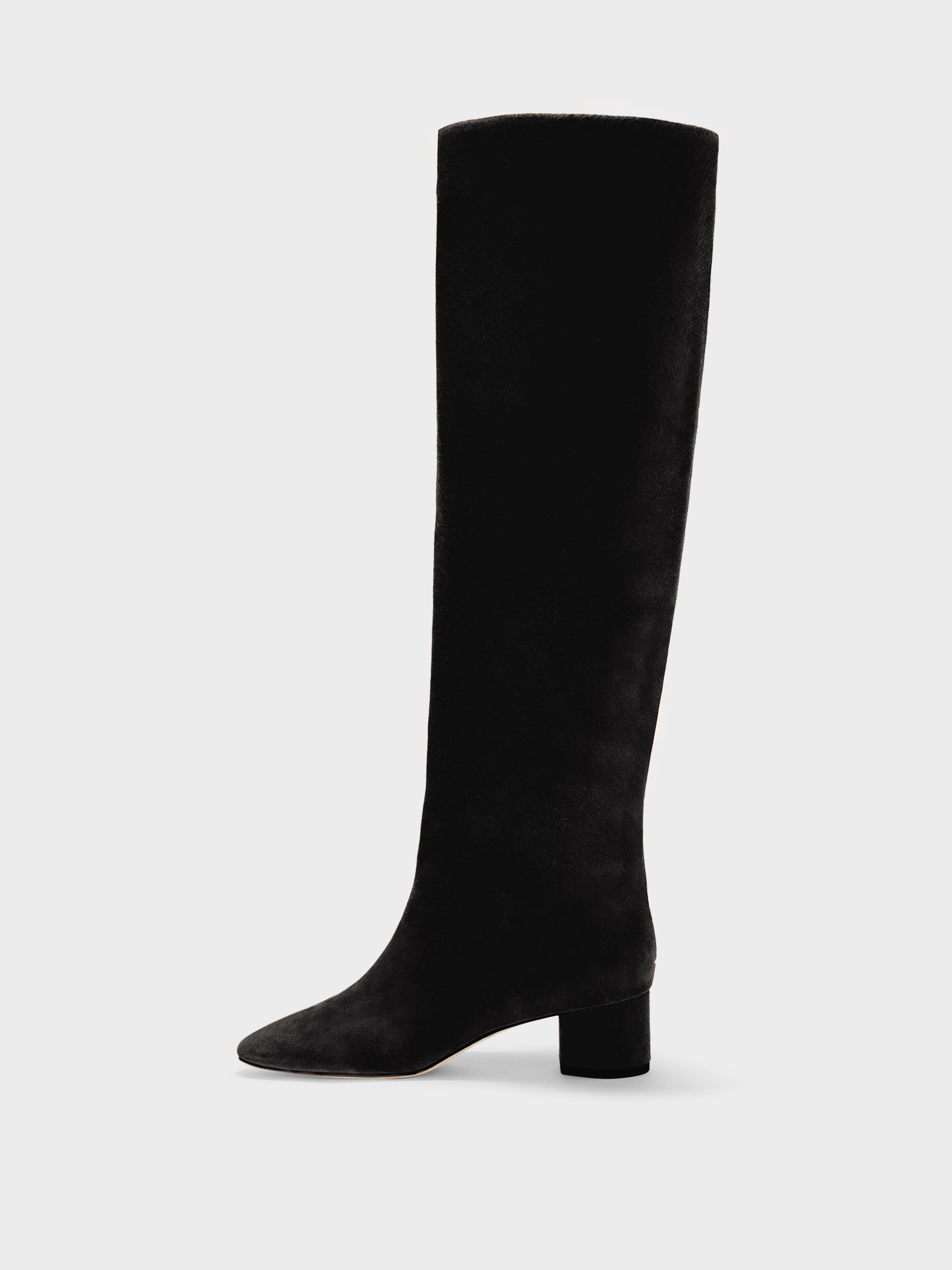 Aeyde | Willa Leather Knee High Boots for Women | Black Suede | Round Toe | Low Heel | Side View