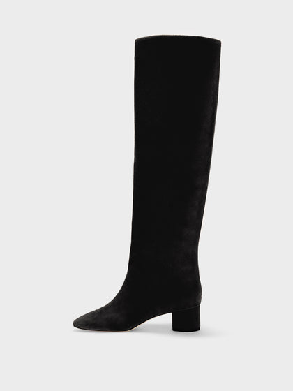 Aeyde | Willa Leather Knee High Boots for Women | Black Suede | Round Toe | Low Heel | Side View
