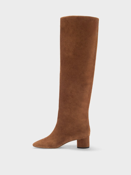 Aeyde | Willa Leather Knee High Boots for Women | Tobacco Suede | Round Toe | Low Heel | Side View