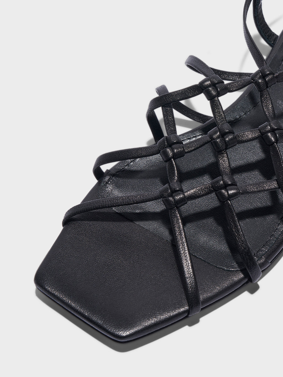 Aeyde | Anisa Leather Flat Sandals for Women | Black Nappa | Square Toe | Flat Heel | Heel Details