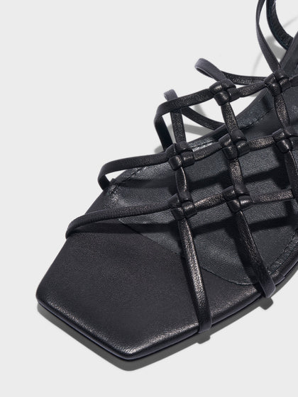 Aeyde | Anisa Leather Flat Sandals for Women | Black Nappa | Square Toe | Flat Heel | Heel Details