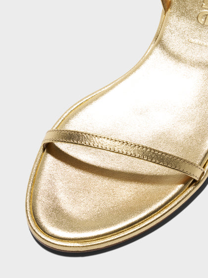Aeyde | Nettie Leather Flat Sandals for Women | Gold Laminated Nappa | Round Toe | Flat Heel | Heel Details