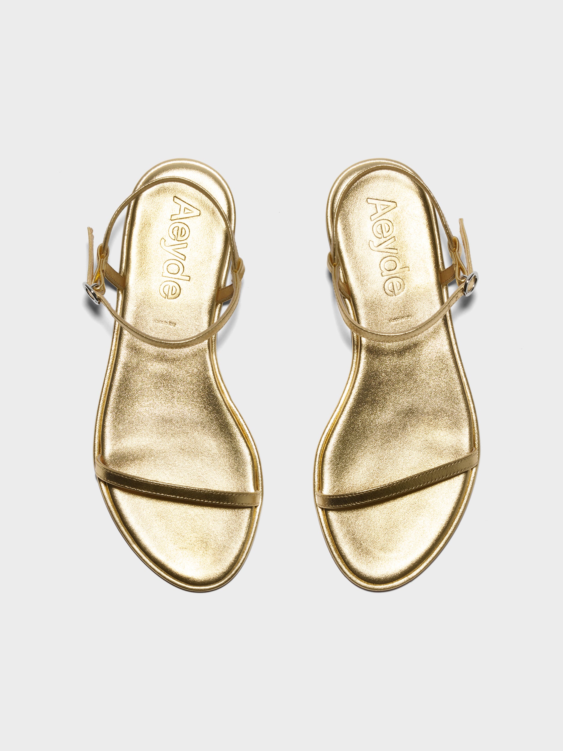 Aeyde | Nettie Leather Flat Sandals for Women | Gold Laminated Nappa | Round Toe | Flat Heel | Front View