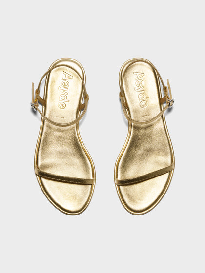 Aeyde | Nettie Leather Flat Sandals for Women | Gold Laminated Nappa | Round Toe | Flat Heel | Front View