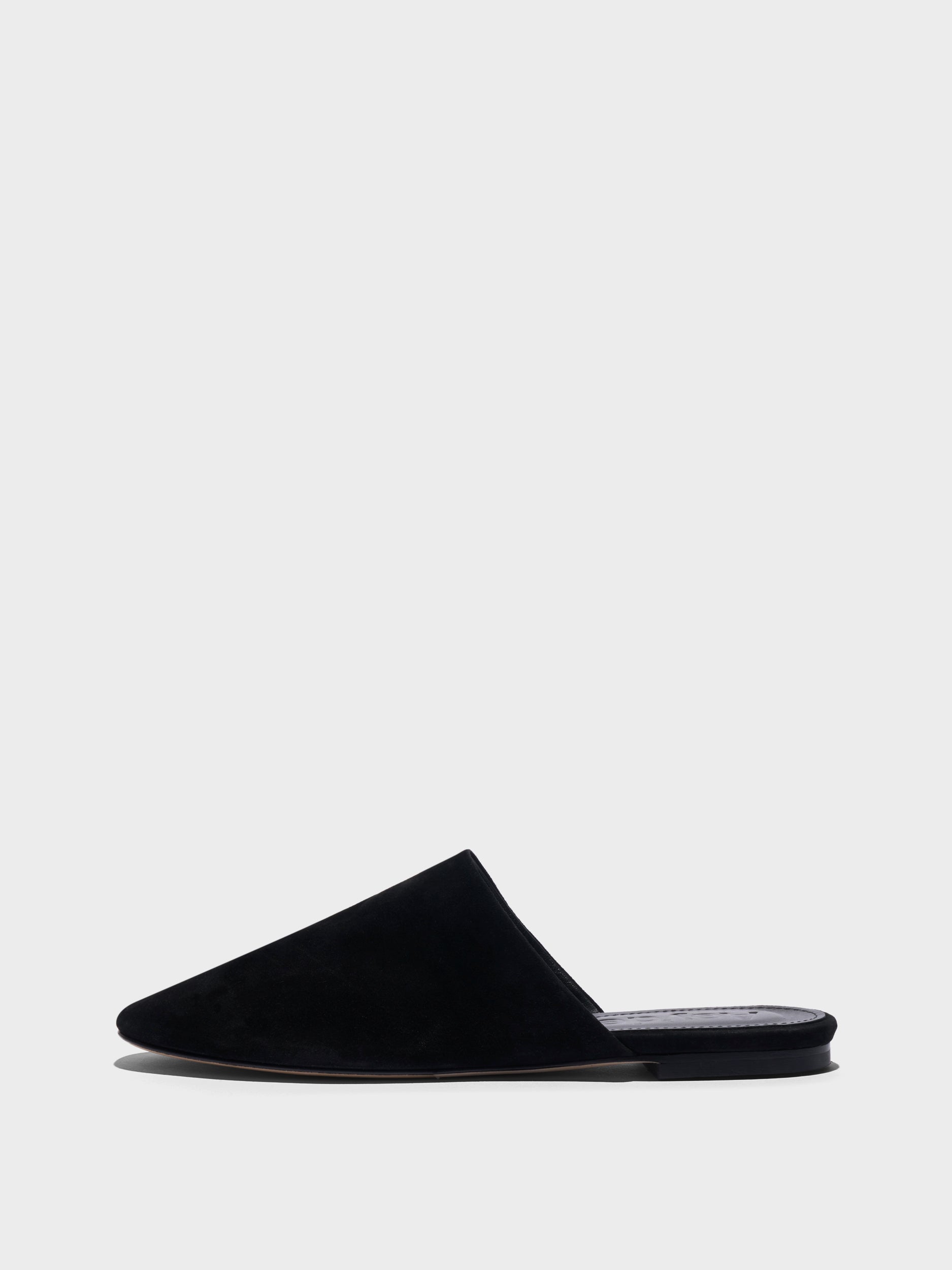 Aeyde | Rega Leather House Slippers for Women | Black Suede | Round Toe | Flat Heel | Side View
