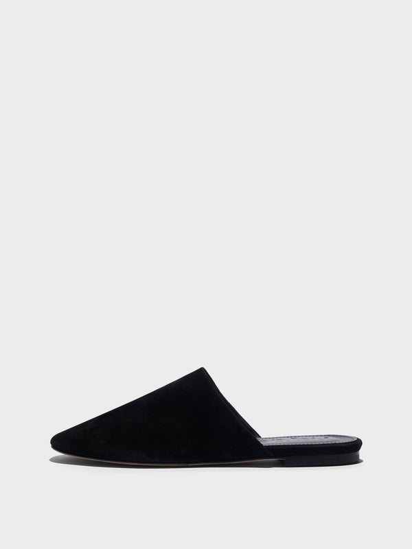 Aeyde | Rega Leather House Slippers for Women | Black Suede | Round Toe | Flat Heel | Side View